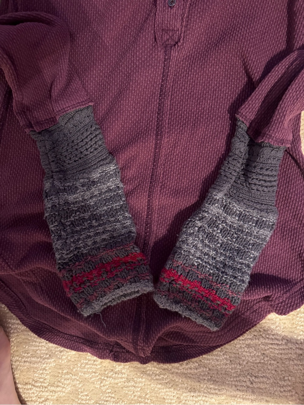 We The Free Plum Long Sleeve Top with Charcoal and Red Cuff Accents